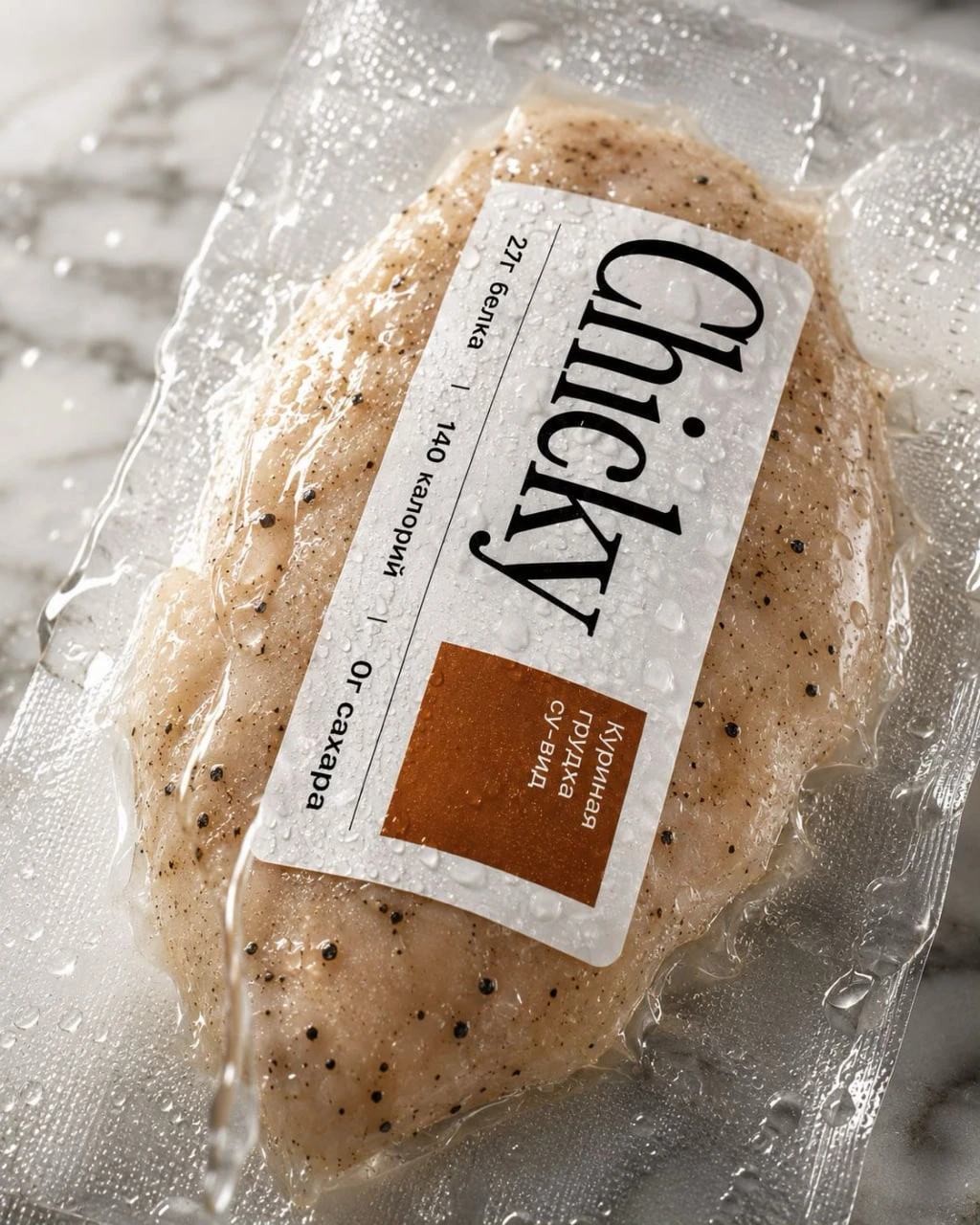 Chicky — куриная грудка су-вид крупным планом, вакуумная упаковка с каплями воды